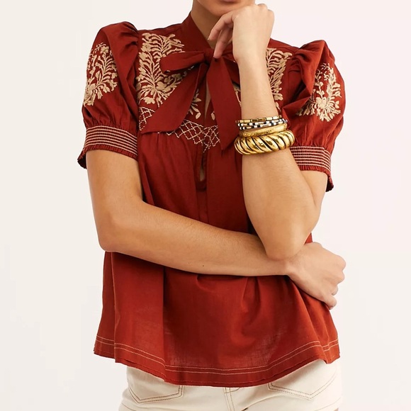 Free People Tops - Free People Dreaming About You Baby Doll Blouse Embroidered Boho Size Small